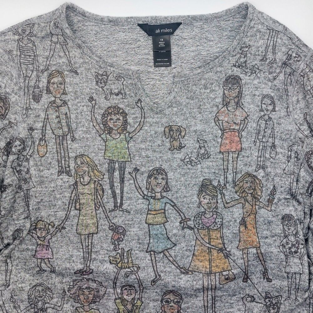 Ali Miles "Power Girl" Heather Gray Tunic Women's Size 1X Pockets Artsy Graphic